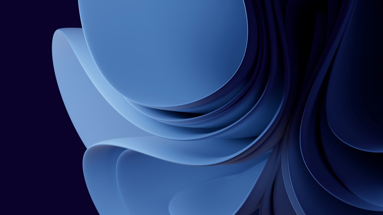 Abstract render of pale blue curved sheets folding over one another on navy