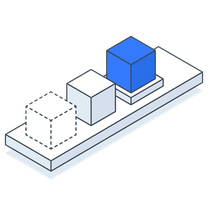Isometric icon of cubes lined up on a plate, rising to a blue one at the end