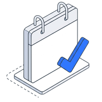 Isometric icon of a wall calendar standing on a plate with a blue tick beside it