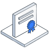 Isometric icon of a certificate standing on a plate with a rosette seal on it