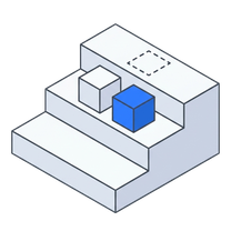Isometric icon of a two-step stair carrying three cubes, the front one blue