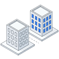 Isometric icon of two office buildings side by side, the taller one with blue windows