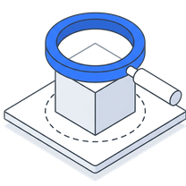 Isometric icon of a blue magnifying glass over a stack of data