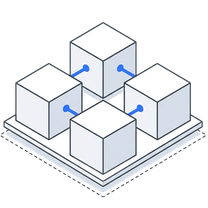 Isometric icon of four linked cubes standing on a plate