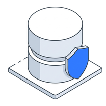 Isometric illustration of a database protected by a shield