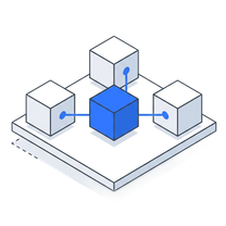 Isometric illustration of one hub wired out to three surrounding blocks