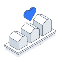 Isometric icon of three buildings of increasing size beside a heart