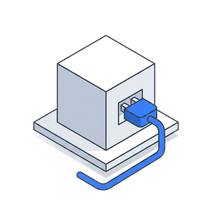 Isometric icon of a plug fitted into a socket on the side of a cube