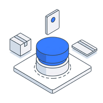 Isometric icon of a database cylinder on a plate with a parcel, a phone and a bank card around it
