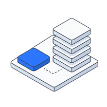 Isometric icon of one blue tile beside a growing stack of layers on a plate