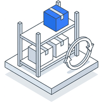 Isometric icon of a shelving rack of boxes with an arrow circling it
