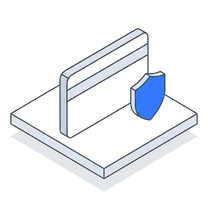 Isometric icon of a payment card standing on a plate beside a shield