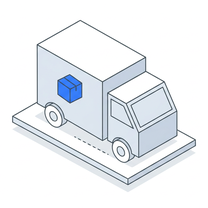 Isometric icon of a delivery van on a plate with a parcel on its side