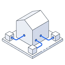 Isometric icon of a house wired to three smaller blocks around it