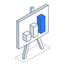 Isometric icon of an easel holding a blue bar chart