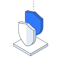 Isometric icon of a blue shield standing in front of a plain one on a plate