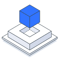 Isometric icon of a blue cube dropping into a notch cut to its size