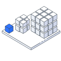 Isometric icon of one small cube beside a growing block of stacked cubes