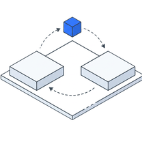 Isometric icon of two plates with arrows circling between them and a cube above