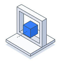 Isometric icon of a blue cube passing through an open frame