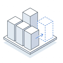 Isometric icon of a row of rising bars with an outlined next step and an arrow