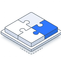 Isometric icon of two blue puzzle pieces joining on a plate