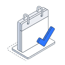 Isometric icon of a calendar on a plate with a tick beside it