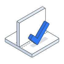 Isometric icon of a blue tick standing in front of a panel on a plate
