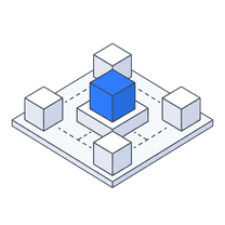 Isometric icon of a blue cube raised above four white cubes linked by dotted lines