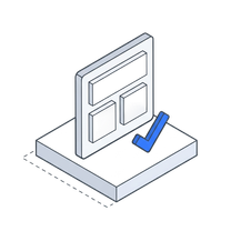 Isometric icon of a page layout standing on a plate beside a blue check mark