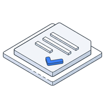 Isometric icon of a report page standing on a plate with a blue tick on it