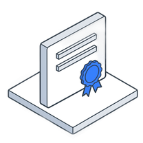 Isometric icon of a framed certificate standing on a plate with a rosette seal on it