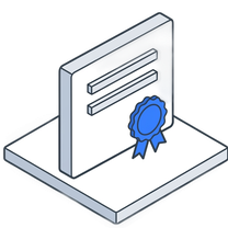 Isometric icon of a certificate standing on a plate with a rosette seal on it