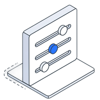 Isometric icon of a settings panel with three sliders, the middle one blue