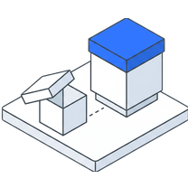 Isometric icon of a tall blue-topped container on a plate beside two open boxes