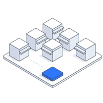 Isometric icon of white cubes spread across a plate around a single blue tile