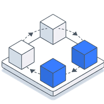Isometric icon of four cubes on a plate with arrows circling between them