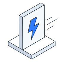 Isometric icon of a panel carrying a blue lightning bolt with speed lines behind it