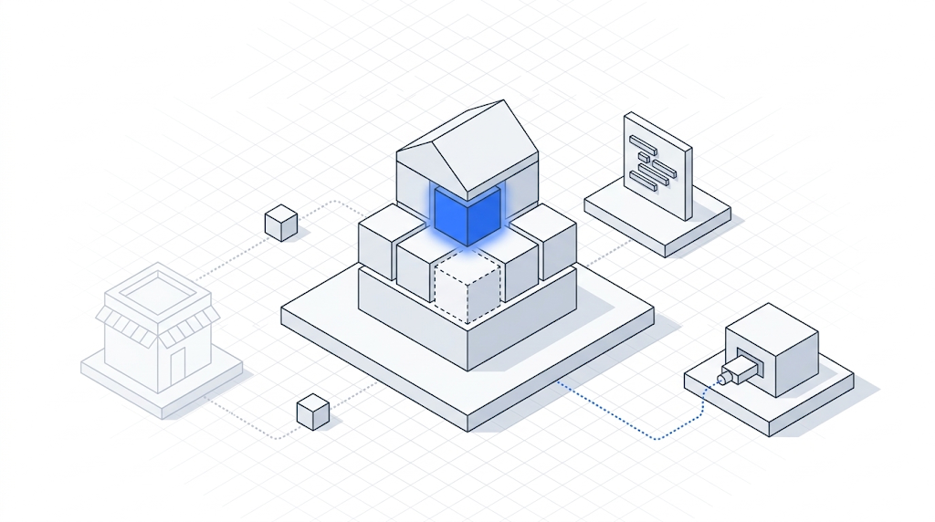 Isometric illustration of a store platform with a blue cube at its centre, joined by dotted lines to a shopfront, a code panel and a machine