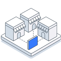 Isometric icon of three shopfronts standing on a plate around a single blue tile