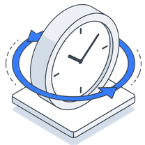 Isometric icon of a clock standing on a plate with an arrow circling it