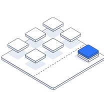 Isometric icon of app tiles laid across a plate with one of them blue