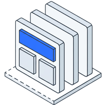 Isometric icon of page layouts stacked one behind another on a plate