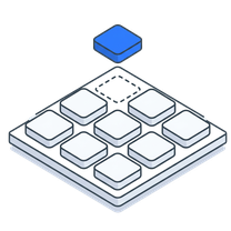 Isometric icon of a grid of app tiles with one lifting off the plate