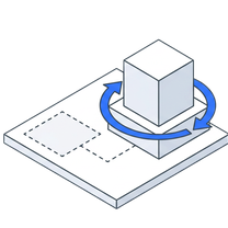 Isometric icon of a cube on a plate with an arrow circling it