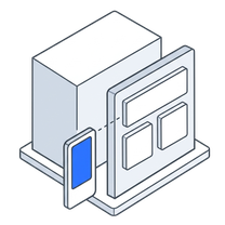 Isometric icon of a shopfront on a plate with a phone screen beside it