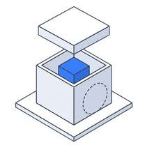 Isometric icon of an open box on a plate with blue blocks lifting out of it