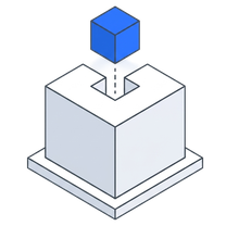 Isometric icon of a block being shaped to fit a slot on a plate