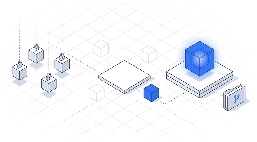 Isometric illustration: padlocked cubes hanging on threads beside a platform that feeds one glowing cube into a code repository folder