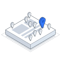 Isometric icon of a plate carrying a map stuck with pins, one of them blue